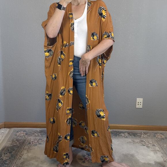 Bel Kazan Anthropologie Lois Print Rust Brown Long Duster Kimono One Size Boho - Picture 1 of 7